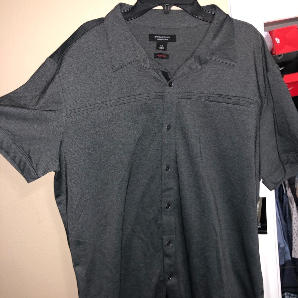 grey button down shirt